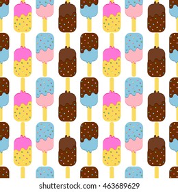 Seamless Colorful Ice Cream Pattern.  Ice Cream Dessert on a Wooden Stick. Vector illustration.