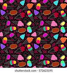 Seamless colorful ice cream pattern, hand-drawn summer background, ice-cream vector, EPS 8