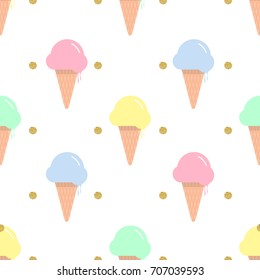 seamless colorful ice cream in a waffle cone with gold dot glitter pattern on white background