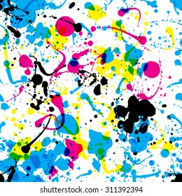 Seamless colorful ink color splats pattern in cmyk colours