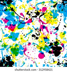 Seamless colorful ink color splats pattern in cmyk colours