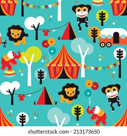 Seamless colorful kids circus animals and fun fair camping background postcard cover design in vector