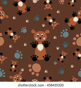Seamless colorful kids pattern bear and paws illustration background in vector. Can be used for wallpapers, curtain, plates, surface textures, wrapping