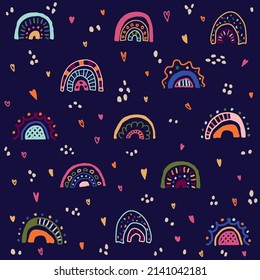 Patrón vectorial de niños de color sin soldadura con arcos, corazones y puntos dibujados a mano