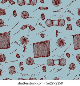 Seamless colorful knitting equipment doodle hand drawn illustration pattern. Seamless background.