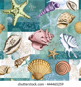 Seamless colorful layered pattern with seashells, corals and starfishes. Vector illustration in sketch style. Perfect for invitations, textile, wrapping paper, travel brochures, wedding and web design