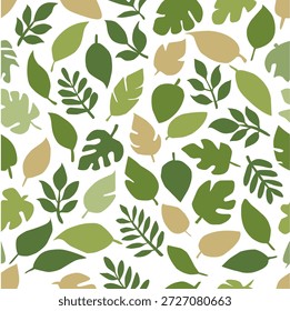 Patrón de hojas coloridas sin fisuras con Elementos de follaje botánico. Fondo inspirado en la Naturaleza ideal para impresiones textiles, tela, Fondo de pantalla, embalaje, papel de embalaje, Diseño web y aplicaciones de patrones de superficie. Ilustración vectorial totalmente editable.