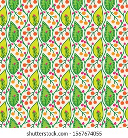 seamless colorful leaves and berries pattern tile for festival and celebration occasions, cards, backgrounds, textile, fabric, wrapping paper, backdrop and creative surface designs.