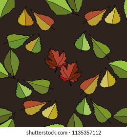 seamless colorful leaves pattern, brown background with yellow, green and  red leaves, summer vector illustration