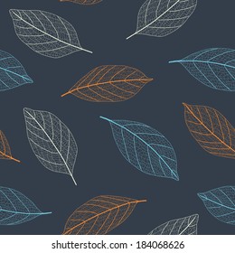 Seamless colorful leaves pattern on black background. EPS 10. No transparency. No gradients.