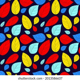 Seamless colorful leaves pattern on navy background