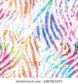 Seamless colorful leopard skin pattern with abstract brush-drawn tie-dye background elements in orange, blue, green and pink. Colorful animal skin pattern design