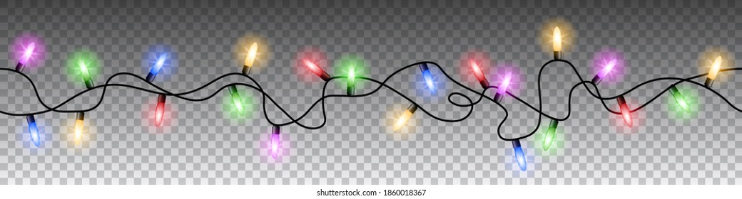 Seamless colorful lights Christmas vector on transparent background.