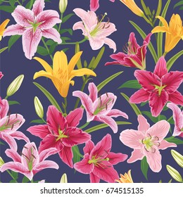 Seamless of colorful lilies flower on dark purple in the background. Vector set of blooming floral for your design. Adornment for wedding invitations and greeting card.