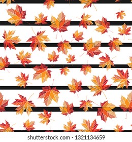 Seamless colorful maple leaf pattern with black strips. Nature texture backgrounds or decorations.