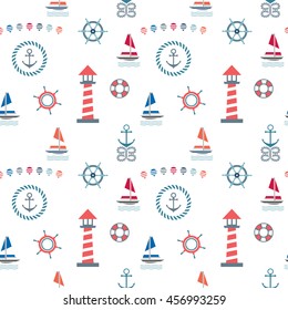 Seamless colorful marine pattern with yachts, lighthouse, rope, anchors  on white background. 