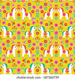 Seamless colorful Matryoshka folklore pony illustration retro horse pattern background in vector 