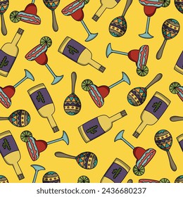 Seamless colorful mexican style seamless pattern. Tequila and margarita drinks