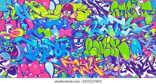 Seamless Colorful Modern Abstract Urban Style Hiphop Graffiti Street Art Pattern. Vector Illustration Background Template