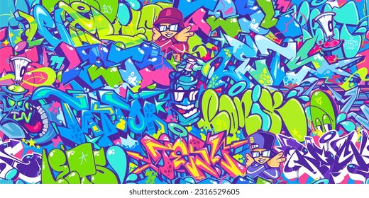 Seamless Colorful Modern Abstract Urban Style Hiphop Graffiti Street Art Pattern. Vector Illustration Background Template