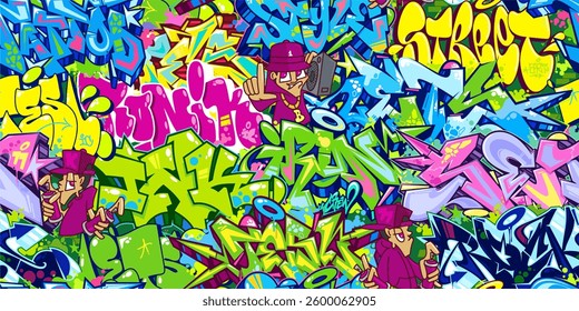 Seamless Colorful Modern Abstract Urban Style Hiphop Graffiti Street Art Pattern Vector Background