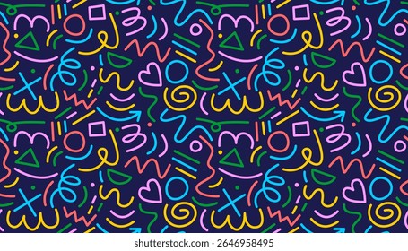 Patrón de estilo moderno de Memphis sin fisuras con estrellas, flechas, triángulos, círculos, corazones, zigzags, espirales y líneas onduladas. Lindo diseño de doodle retro de los años 80-90 para niños.