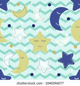 seamless colorful moon and star with confetti glitter pattern on green zig zag background