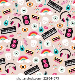 Seamless colorful music love and skull retro illustration background pattern in vector