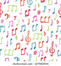Seamless colorful music notes pattern. Musical watercolor background