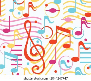 Seamless colorful musical pattern background with music notes and clef