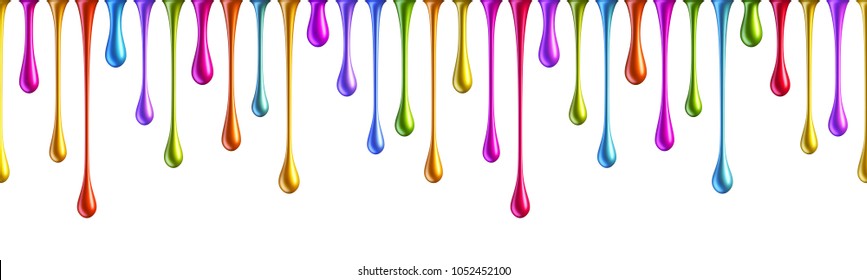 Seamless colorful nail polish drops. Multicolored dripping paint isolated on white background.