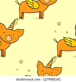 Seamless colorful naive style pattern. Decorative background. Pig with wings and horn. Cute cartoon characters. Vector illustration. Design element.