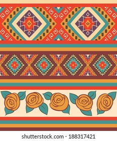 Seamless colorful navajo pattern with vintage roses