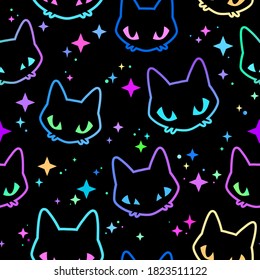 seamless of colorful neon cat heads 