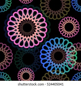 seamless colorful neon flower pattern with black background