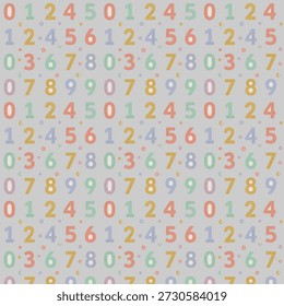 A seamless, colorful number pattern featuring hand-drawn digits 0-9 in a playful, pastel Scandinavian design. Ideal for kids' education, nursery decor , wallpaper, fabric, or background use.