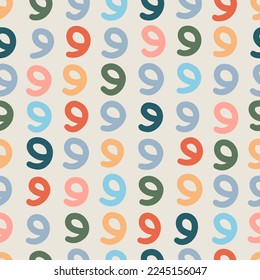 Seamless colorful numbers nine pattern. Abstract background with hand drawn doodle shapes.