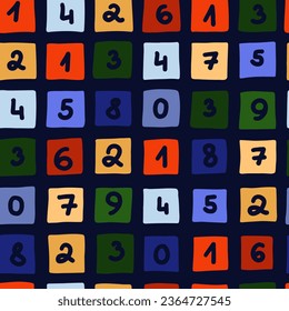 Seamless colorful numbers pattern. Abstract background with hand drawn doodle shapes.