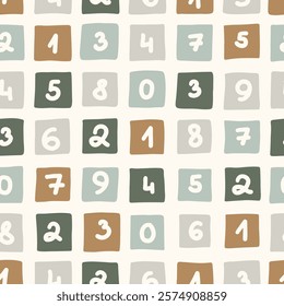 Seamless colorful numbers pattern. Abstract background with hand drawn doodle shapes.
