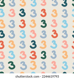 Seamless colorful numbers three pattern. Abstract background with hand drawn doodle shapes.