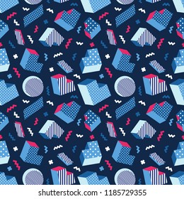 Seamless colorful old school geometric blue background pattern, memphis design style. Vector illustration