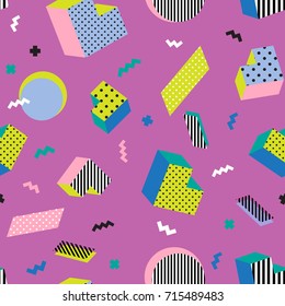 Seamless colorful old school geometric violet background pattern, memphis design style. Vector illustration