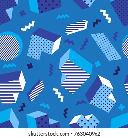 Seamless colorful old school geometric blue background pattern, memphis design style. Vector illustration