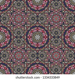 Seamless colorful ornament for design and background in blue and pink. Kaleidoscopic orient style. Vector retro seamless pattern.