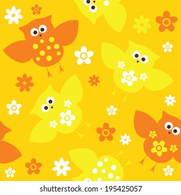 Seamless colorful owl and flowers pattern for kids 