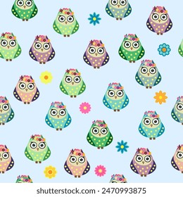 Seamless colorful owl pattern for children with flowers, clouds, branches