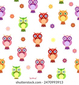 Seamless colorful owl pattern for children with flowers, clouds, branches