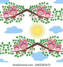 Seamless colorful owl pattern for children with flowers, clouds, branches