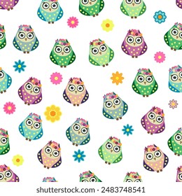 Seamless colorful owl pattern for children with flowers, clouds, branches