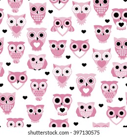 Seamless colorful owls love for kids owl bird pattern scandinavian retro pastel beige background pattern in vector